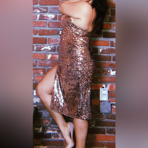Jay Godfrey spaghetti strap Rose gold sequin dress with side slit - Picture 2 of 7